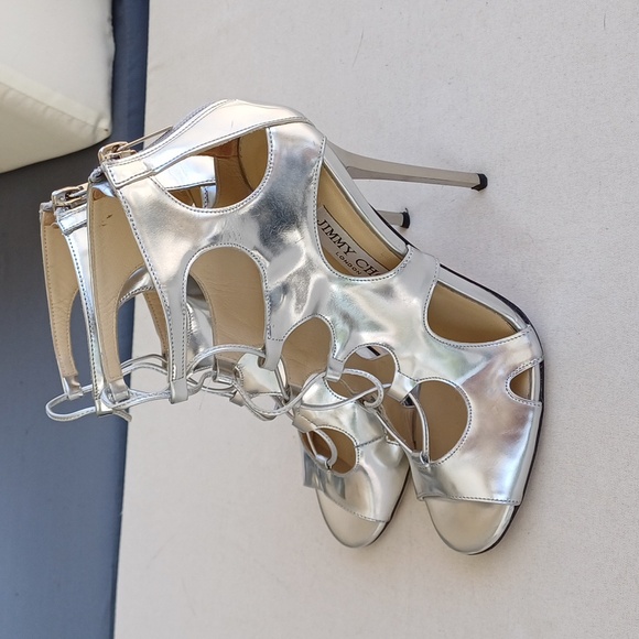 JIMMY CHOO difussed silver mirror cage heels shoes 37 7 Easter - Picture 6 of 17